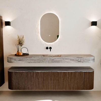 MONDIAZ THOR-DLUX 190cm badmeubel ronding links + rechts kleur Walnut met 2 lades en 2 deuren. Vrijhangende wastafel CLOUD Midden zonder kraangat kleur Oza.