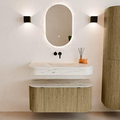 MONDIAZ THOR-DLUX 100cm meuble de salle de bains arrondi gauche + droite couleur Dusk avec 1 tiroir et 2 portes. Vasque suspendue CLOUD Milieu sans trou de robinet couleur Nata.