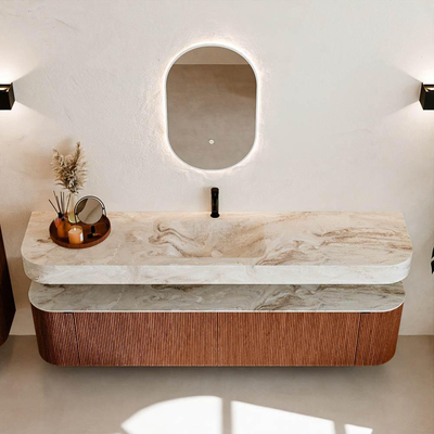 MONDIAZ THOR-DLUX Meuble de salle de bains - 200cm - arrondi gauche + droite - couleur Ruby - 2 tiroirs et 2 portes - Vasque suspendue CLOUD Centre 1 trou de robinet couleur Frappe