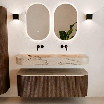 MONDIAZ THOR-DLUX 130cm badmeubel ronding links + rechts kleur Walnut met 1 lade en 2 deuren. Vrijhangende wastafel CLOUD Dubbel zonder kraangat kleur Arena.