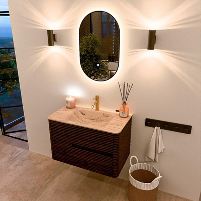 Mondiaz CIRO-DLUX Meuble de salle de bains - 80x45x50cm - Plan-vasque en solid surface Arena - 1 vasque Centrale - 1 trou de robinet - 2 tiroirs - Noyer