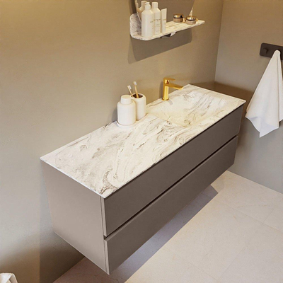 Mondiaz VICA-DLUX ensemble de meuble de salle de bain - 130cm - meuble sous-vasque fumée - 2 tiroirs - lavabo encastré nuage droite - 1 trou de robinet - version haute 60cm - glace