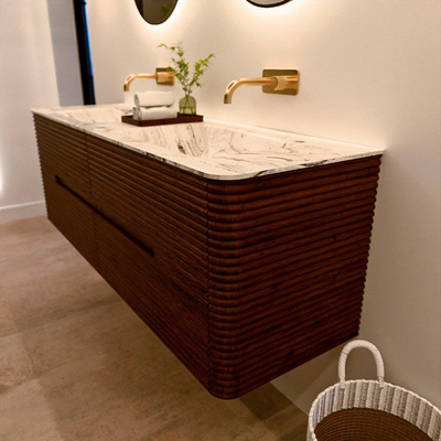 Mondiaz CIRO-DLUX Badkamermeubelset - 150x45x50cm - Solid surface wastafel Glace - 2 wasbak Dubbel - zonder kraangaten - 4 lades - Ruby