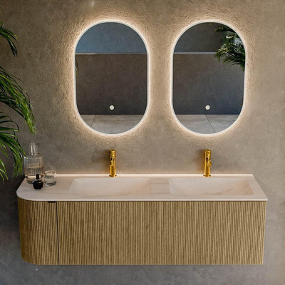 MONDIAZ KURVE-DLUX meuble de salle de bains 145cm arrondi à gauche couleur Dusk avec 1 tiroir et 1 porte. Lavabo LEAF Double / à droite 2 trous de robinet Meli.
