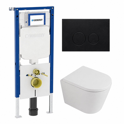 QeramiQ Dely Toiletset - 36.3x51.7cm - diepspoel - rimless - Geberit UP720 inbouwreservoir - softclose toilet zitting - 35mm - metaal mat zwarte bedieningsplaat - ronde knoppen - mat wit