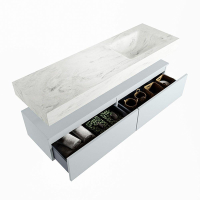 Mondiaz ALAN-DLUX Ensemble de meuble - 150cm - meuble Clay mat - 2 tiroirs - Lavabo Cloud Opalo suspendu - vasque Droite - 1 trou de robinet