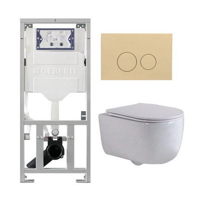 QeramiQ Dely Swirl Ensemble WC - 36.3x51.7cm - réservoir encastré Geberit UP320 - avec cadre Burda - abattant slim - plaque de déclenchement beige - boutons ronds - blanc mat
