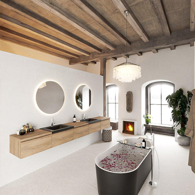 MONDIAZ BUKLA 300cm badmeubel met module 60 kleur Washed Oak met 5 lades. Wastafel CLOUD dubbel 2 kraangaten kleur Urban.