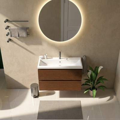 Saniclass Holz Pure Ensemble de meubles de salle de bains - 100x45x63.5cm - Lavabo en céramique Bari blanc - 1 vasque - 1 trou de robinetterie - 2 tiroirs - walnut pure mat (bois)