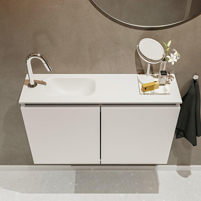 MONDIAZ TURE Fonteinset - 80x23x50cm - 1 kraangat - 2 deuren - linen mat - Wasbak links - Solid Surface Wit