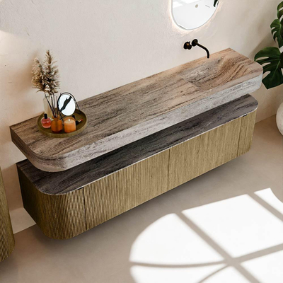 MONDIAZ THOR-DLUX Meuble de salle de bains 190cm arrondi gauche + droite couleur Dusk avec 2 tiroirs et 2 portes. Vasque suspendue CLOUD Droite sans trou de robinet couleur Oza.