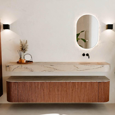 MONDIAZ THOR-DLUX 200cm meuble de salle de bains arrondi gauche + droite couleur Ruby avec 2 tiroirs et 2 portes. Vasque suspendue CLOUD droite sans trou de robinet couleur Arena.