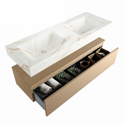 Mondiaz ALAN-DLUX Ensemble de meuble - 130cm - meuble Oro mat - 1 tiroir - Lavabo Cloud Frappe suspendu - vasque Gauche et droite - 0 trous de robinet