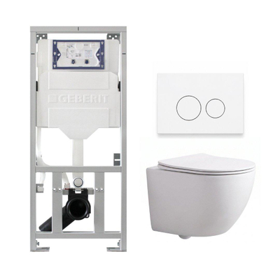 QeramiQ Dely Swirl Compact Toiletset - inbouwreservoir Geberit UP320 - met Burda frame - 25mm zitting - metalen bedieningsplaat mat wit - ronde knoppen - glans wit