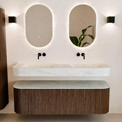 MONDIAZ THOR-DLUX 150cm meuble de salle de bains arrondi gauche + droite couleur Walnut avec 1 tiroir et 2 portes. Vasque suspendue CLOUD Double sans trou de robinet couleur Opalo.