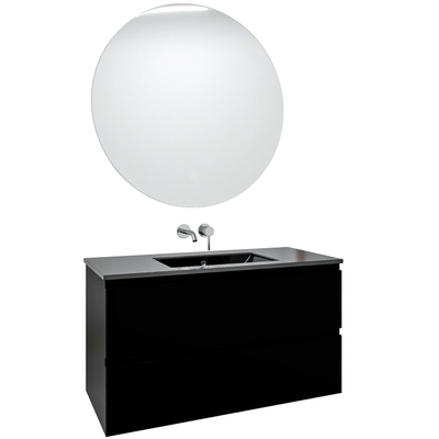 Adema Chaci Meuble salle de bain - 100x46x57cm - 1 vasque en céramique noire - sans trou de robinet - 2 tiroirs - miroir rond avec éclairage - noir mat