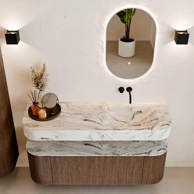 MONDIAZ THOR-DLUX 140cm badmeubel ronding links + rechts kleur Walnut met 1 lade en 2 deuren. Vrijhangende wastafel CLOUD Rechts zonder kraangat kleur Glace.