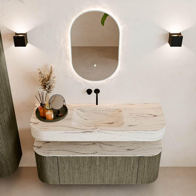 MONDIAZ THOR-DLUX 130cm meuble de salle de bains arrondi gauche + droite couleur Shadow avec 1 tiroir et 2 portes. Vasque suspendue CLOUD Milieu sans trou de robinet couleur Nata.