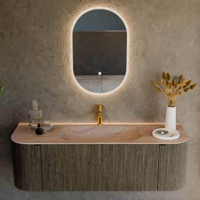 MONDIAZ KURVE-DLUX Meuble de salle de bains 140cm arrondi Gauche + Droite couleur Shadow avec 1 tiroir et 2 portes. Lavabo BIG SMALL Central 1 trou de robinet Saba.