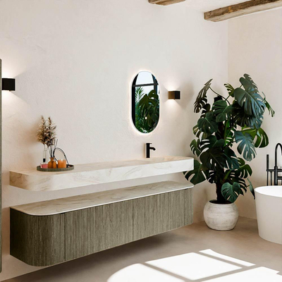 MONDIAZ THOR-DLUX Meuble de salle de bains - 200cm - arrondi gauche + droite - couleur Shadow - 2 tiroirs - 2 portes - Vasque suspendue CLOUD droite 1 trou de robinet couleur Ostra