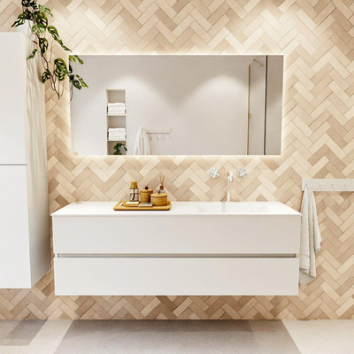 MONDIAZ VICA meuble sous lavabo 150cm Talc 2 tiroirs. Lavabo CLOUD droite 1 trou de robinet, couleur Talc.