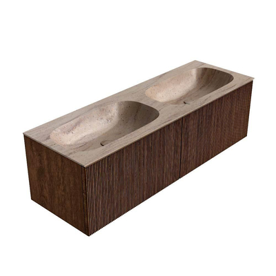 MONDIAZ KURVE-DLUX Meuble de salle de bains 140 cm couleur Walnut avec 2 tiroirs et 0 porte. Lavabo STOR SMALL Double 2 trous de robinet Saba.