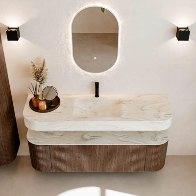 MONDIAZ THOR-DLUX 150cm meuble de salle de bains arrondi gauche + droite couleur Walnut avec 1 tiroir et 2 portes. Vasque suspendue CLOUD Milieu 1 trou de robinet couleur Ostra.