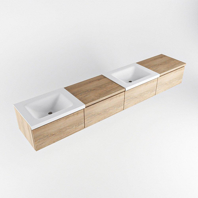 MONDIAZ BUKLA 240cm badmeubel met module 60 rechts kleur Washed Oak met 4 lades. Wastafel CLOUD dubbel 2 kraangaten kleur Talc.