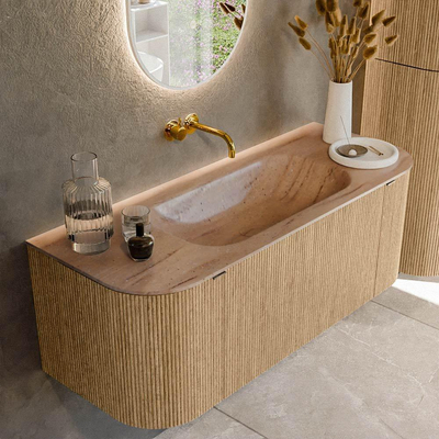 MONDIAZ KURVE-DLUX 120cm badmeubel ronding Links + Rechts kleur Oak met 1 lade en 2 deuren. Wastafel BIG SMALL Midden zonder kraangat Saba.