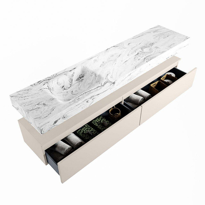 Mondiaz ALAN-DLUX Ensemble de meuble - 200cm - meuble Linen mat - 2 tiroirs - Lavabo Cloud Glace suspendu - vasque Gauche - 0 trous de robinet