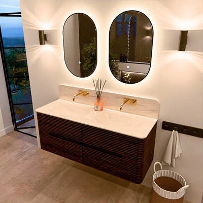 Mondiaz CIRO-DLUX Badkamermeubelset - 130x45x50cm - Solid surface wastafel Meli - 2 wasbak Dubbel - zonder kraangaten - 4 lades - Walnut