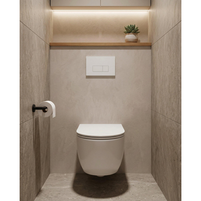 QeramiQ Dely Swirl Ensemble WC - 36,3x51,7 cm - fond creux - sans bride - réservoir encastré Geberit UP320 - abattant fin - plaque de commande en métal blanc mat - boutons rectangulaires - blanc mat