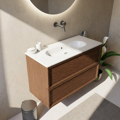 Saniclass Holz Frame Ensemble meuble de salle de bains - 100x45x73.9cm - lavabo en céramique Chaci blanc - 1 vasque - sans trou de robinet - 2 tiroirs - walnut pure mat (bois)
