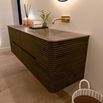 Mondiaz CIRO-DLUX Meuble de salle de bains - 150x45x50cm - Plan vasque solid surface Oza - 1 lavabo à droite - sans trous de robinetterie - 4 tiroirs - Shadow