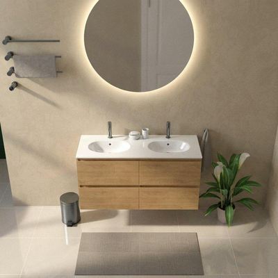 Saniclass Holz Pure Ensemble meuble de salle de bains - 120x45x74cm - Lavabo Chaci en céramique blanc - 2 vasques - 2 trous de robinetterie - 4 tiroirs - chêne natural mat (bois)