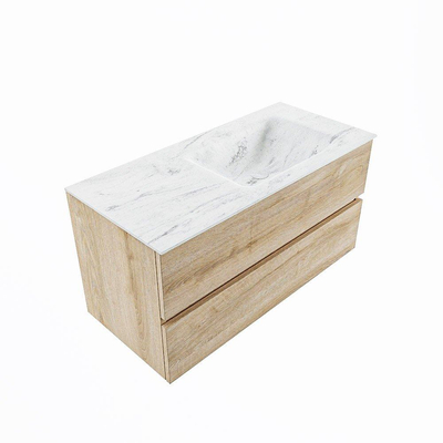 Mondiaz VICA-DLUX Ensemble de meuble de salle de bain - 100cm - meuble sous-vasque chêne blanchi - 2 tiroirs - lavabo encastré cloud droite - sans trous de robinet - version haute de 60cm - opalo