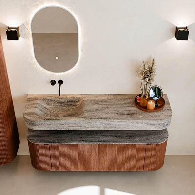 MONDIAZ THOR-DLUX 150cm meuble de salle de bains arrondi gauche + droite couleur Ruby avec 1 tiroir et 2 portes. Vasque suspendue CLOUD Gauche sans trou de robinet couleur Oza.