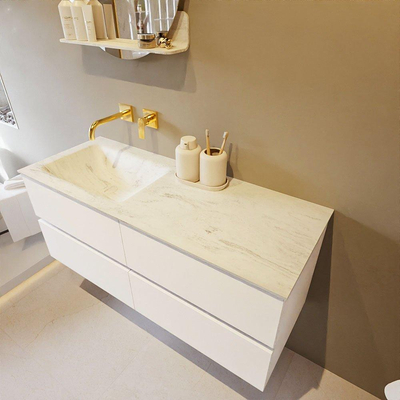 Mondiaz VICA-DLUX ensemble de meuble de salle de bain - 120cm - meuble sous lavabo talc - 4 tiroirs - lavabo encastré cloud gauche - sans trous de robinet - version haute de 60cm - opalo