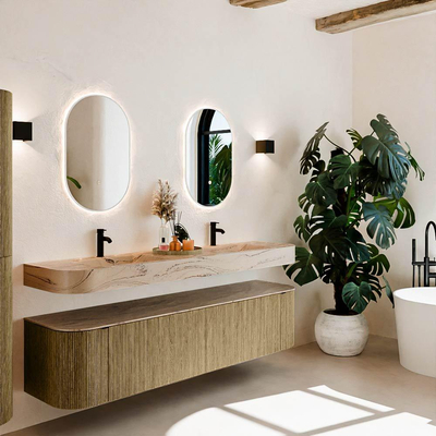 MONDIAZ THOR-DLUX Meuble de salle de bains 190cm arrondi gauche + droite couleur Dusk avec 2 tiroirs et 2 portes. Vasque suspendue CLOUD Double 2 trous de robinet couleur Arena.