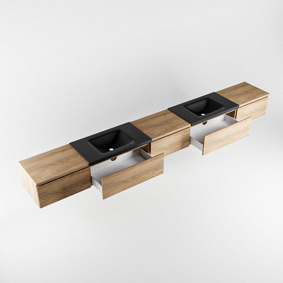 MONDIAZ BUKLA Meuble de salle de bains 340cm avec module 60 couleur Chêne lavé avec 5 tiroirs. Lavabo CLOUD double 2 trous de robinet couleur Urban.