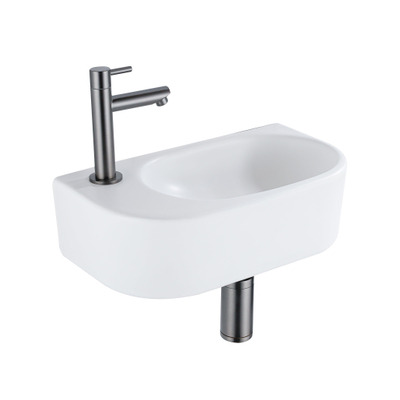QeramiQ Fuente fonteinset – halfrond – 40x21.5x12 cm – keramiek wit mat – kraangat links – kraan gunmetal
