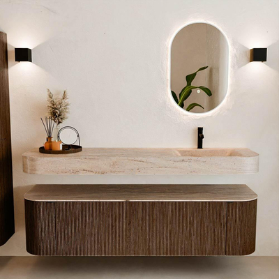 MONDIAZ THOR-DLUX 170cm badmeubel ronding links + rechts kleur Walnut met 1 lade en 2 deuren. Vrijhangende wastafel CLOUD Rechts 1 kraangat kleur Saba.