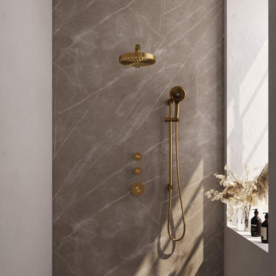 BRAUER Stripe Thermostatische Inbouw Regendouche - SET 10 - 25cm douchekop - rechte muurarm - 3-standen handdouche - doucheslang - geïntegreerde glijstang - goud geborsteld PVD
