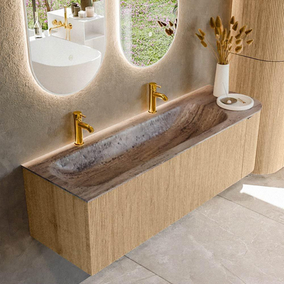 MONDIAZ KURVE-DLUX 145cm badmeubel ronding Rechts kleur Oak met 1 lade en 1 deur. Wastafel BIG LARGE Links 2 kraangaten Oza.
