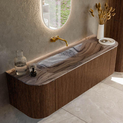 MONDIAZ KURVE-DLUX Meuble de salle de bains 150cm arrondi Gauche + Droite couleur Walnut avec 1 tiroir et 2 portes. Lavabo BIG MEDIUM Central sans trou de robinet Sombra.