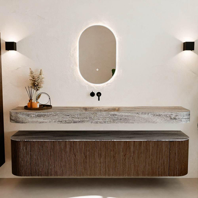 MONDIAZ THOR-DLUX 200cm meuble de salle de bains arrondi gauche + droite couleur Walnut avec 2 tiroirs et 2 portes. Vasque suspendue CLOUD Milieu sans trou de robinet couleur Oza.