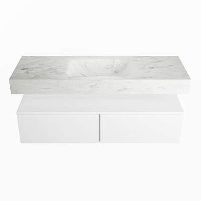 Mondiaz ALAN-DLUX Ensemble de meuble - 130cm - meuble Talc mat - 2 tiroirs - Lavabo Cloud Opalo suspendu - vasque Centre - 0 trous de robinet