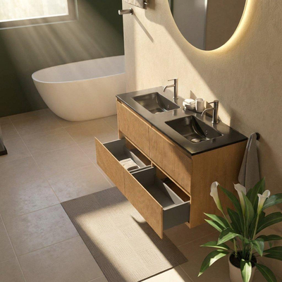 Saniclass Holz Atelier Ensemble meuble de salle de bains - 120x45x62cm - Lavabo Vygo en céramique noir - 2 vasques - 2 trous de robinetterie - 2 tiroirs - chêne natural mat (bois)