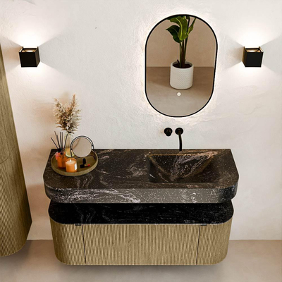 MONDIAZ THOR-DLUX Meuble de salle de bains 130cm arrondi gauche + droite couleur Dusk avec 1 tiroir et 2 portes. Vasque suspendue CLOUD Droite sans trou de robinet couleur Lava.