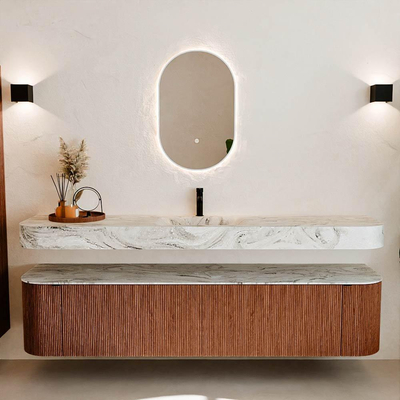 MONDIAZ THOR-DLUX 200cm meuble de salle de bains arrondi gauche + droite couleur Ruby avec 2 tiroirs et 2 portes. Vasque suspendue CLOUD Milieu 1 trou de robinet couleur Glace.